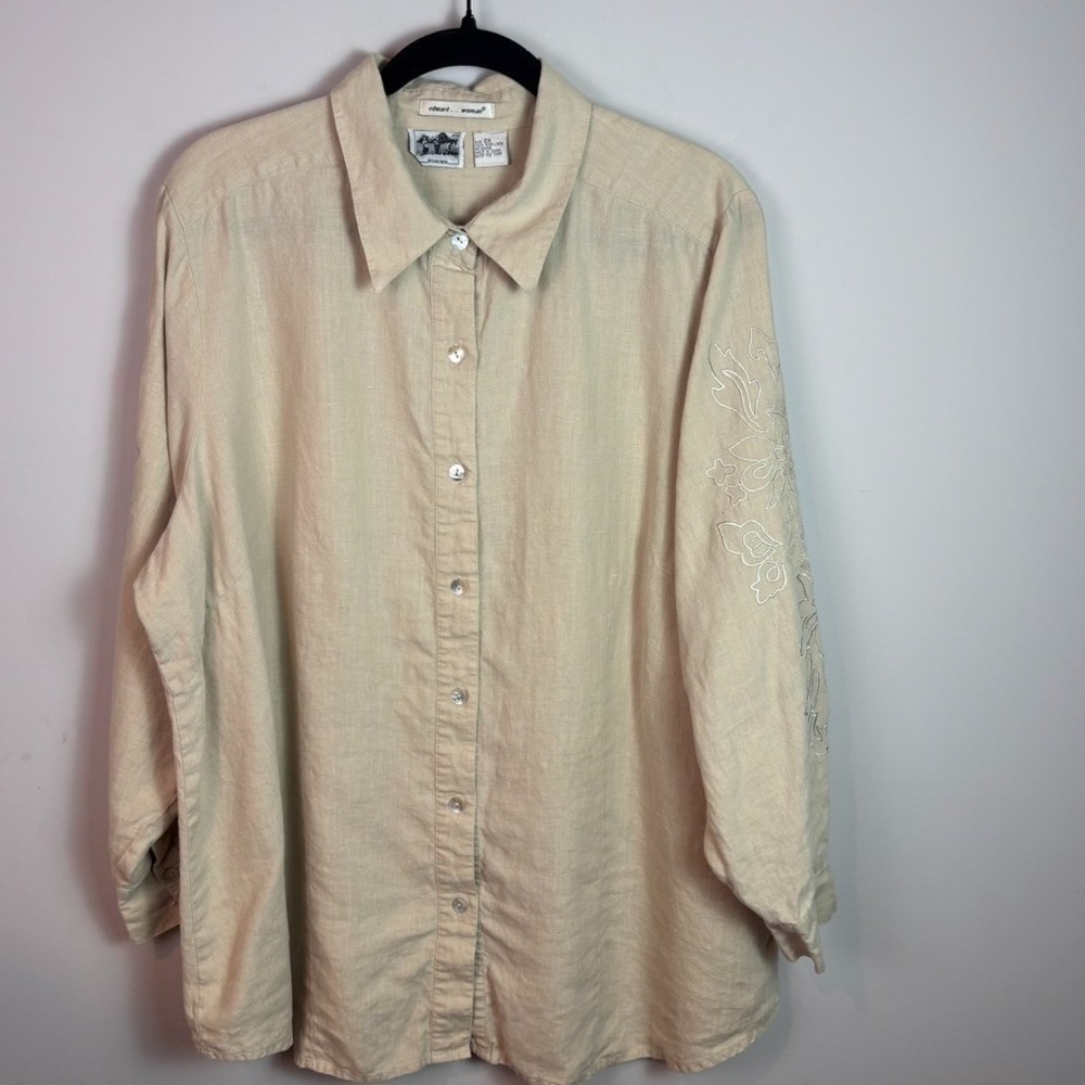 edward woman 100% Irish Linen Beige Floral Embroidered Button up Shirt sz 2X